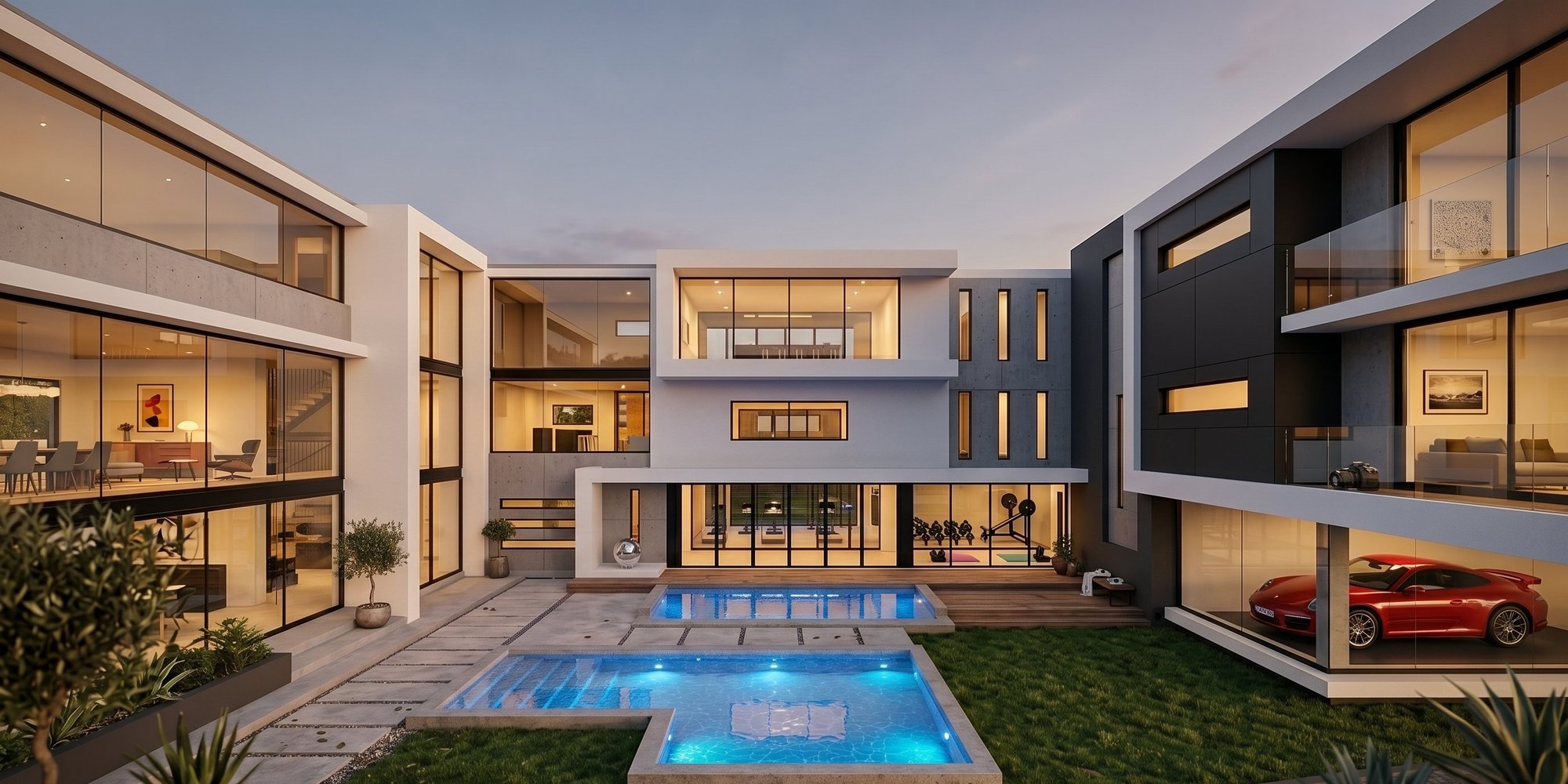 KNE Residence — courtyard pools at dusk